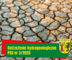 Na obrazku widać kostkę brukową a pod spodem napis Ostrzeżenie hydrogeologiczne PSG nr 3/2025