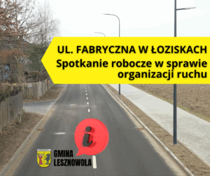 Zdjęcie drogi i napis na żółtym pasku: UL> FABRYCZNA W ŁOZISKACH Spotkanie robocze w sprawie organizacji ruchu