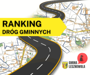 Na tle mapy gminy Lesznowola grafika pzedstawiająca drogę. U góry od plewej żólte pole z napisem ranking dróg gminnych