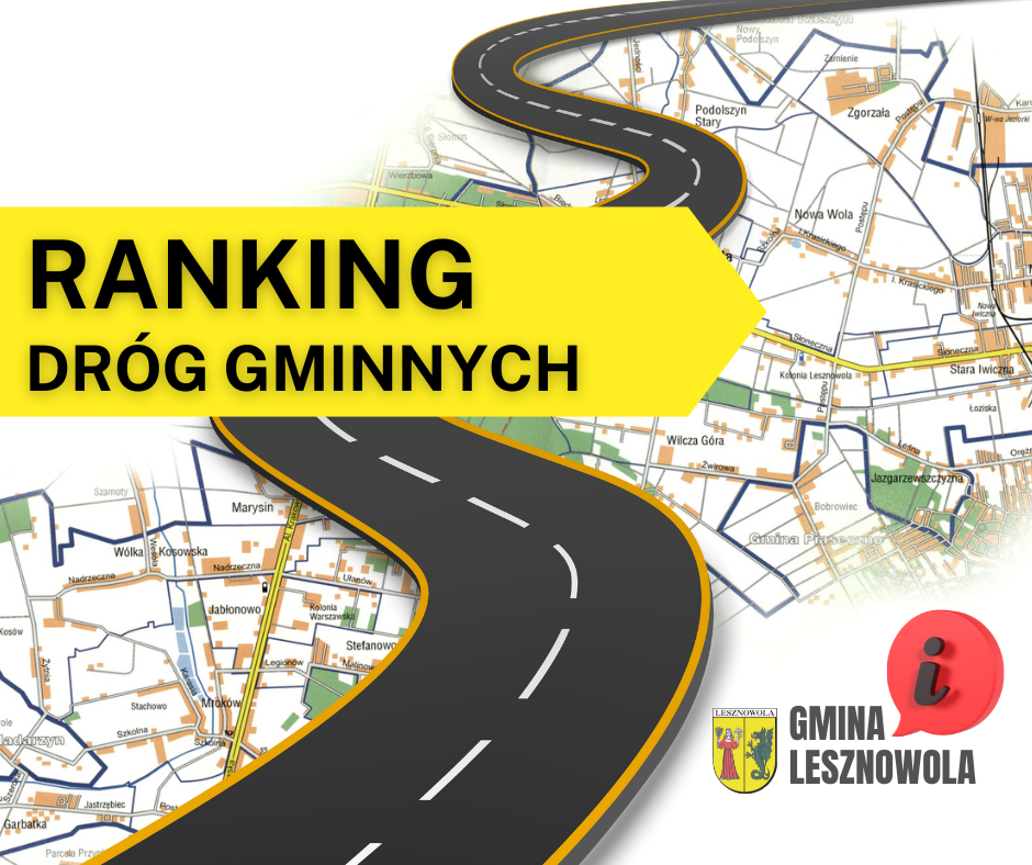 Na tle mapy gminy Lesznowola grafika pzedstawiająca drogę. U góry od plewej żólte pole z napisem ranking dróg gminnych