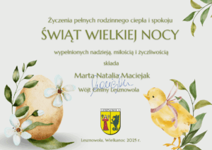 Życzenia świąteczne z grafika z motywami Świat Wielkanocnych - po prawej stronie kurczaczek, po lewej jajko.