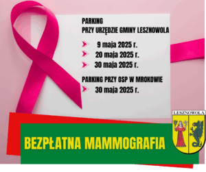 na obrazku na różowym tle widać różową wstążkę i informację o bezpłatnej mammografii