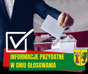 Urna wyborcza. Na zielonym pasku napis INFORMACJE PRZYDATNE W DNIU GŁOSOWANIA