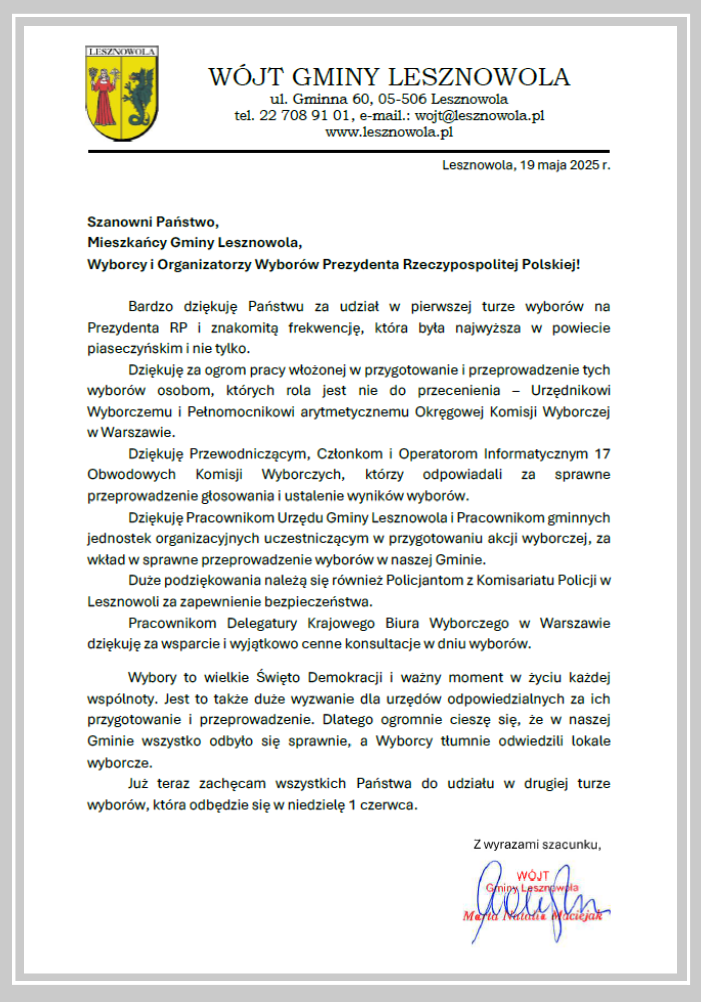 Grafika z pismem urzędowym - podziękowaniem Wójt Gminy Lesznowola za udział i organizację wyborów