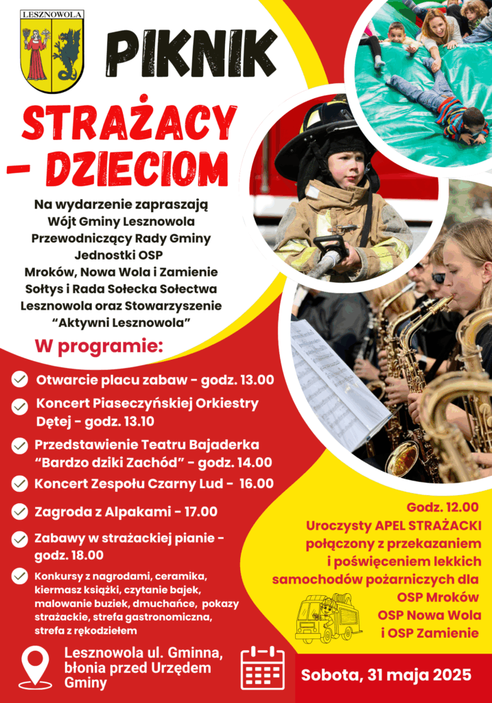 Plakat promujący odbywający się 31 maja Piknik Strażacy-Dzieciom