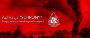 Na czerwonym tle jest napis Aplikacja "Schrony" Znajdź miejsce doraźnego schronienia