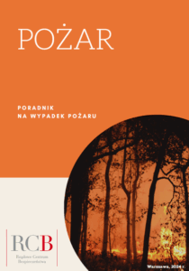 Na pomarańczowym tle w kole jest palący się las, a nad nim jest napis: pożar, poradnik na wypadek pożaru.