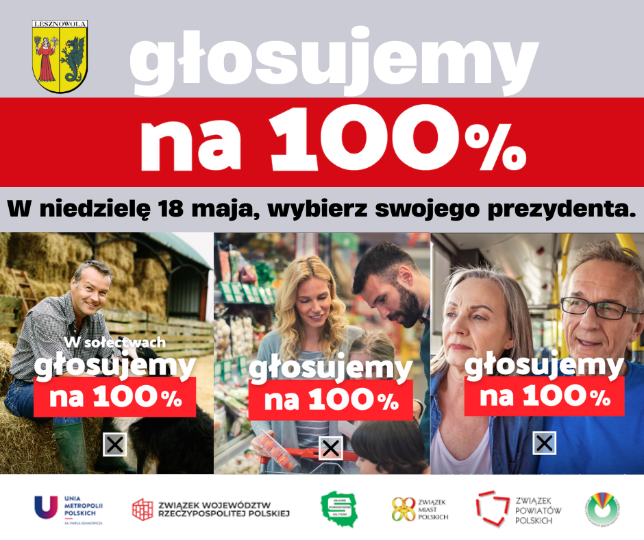 grafika zachęcająca do głosowania w wyborach: u góry na szaro-czerwonym paku napis: głosujemy na 100%, po lewej u góry herb Gminy Lesznowola, poniżej napisu 3 plakaty z róznymi osobami , z napisem głosujemy na 100 % na każdym. Poniżej na dole pasek z logotypami. 
