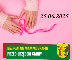 Na różowym tle przy dłoniach leży różowa wstążka, obok jest data 27.06.2025 a pod spodem napis bezpłatna mammografia przed urzędem gminy.