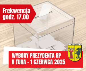Na grafice zdjęcie z przeźroczysta urna stojącą na drewnianej podłodze. Na czerwonym pasku u góry, który jest w kształcie strzałki, znajduje się napis: Frekwencja godz. 17.00. Na dolnym czerwonym pasku napis białymi literami: WYBORY PREZYDENTA RP II TURA - 1 CZERWCA 2025 . Obok herb Gminy Lesznowola.