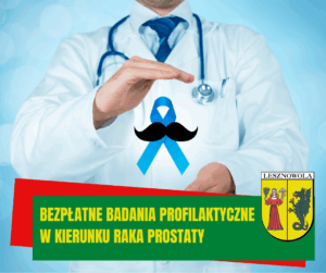Lekarz, niebieska wstążka. Na zielonym pasku napis: Bezpłatne badania profilaktyczne