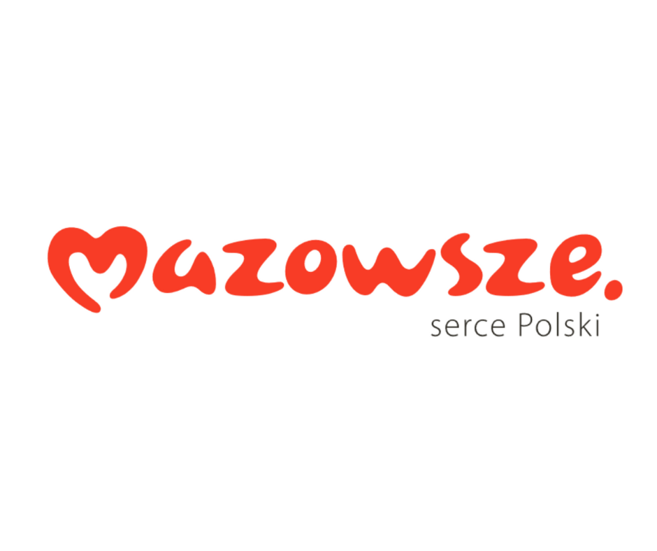 logo w czerwonym kolorze Mazowsze i czarny napis serce Polski