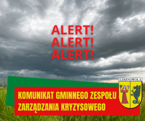 Na obrazku widać zachmurzone niebo na którym jest napis alert, a pod spodem widnieje napis Komunikat Gminnego Zespołu Zarządzania Kryzysowego