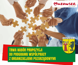 Dłonie próbujące połączyć puzzle. Na zielonym pasku napis TRWA NABÓR PROPOZYCJI DO ROCZNEGO PROGRAMU WSPÓŁPRACY Z ORGANIZACJAMI POZARZĄDOWYMI