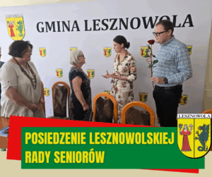 Trzy kobiety, jeden mężczyzna. Na zielonym pasku napis: Posiedzenie Lesznowolskiej Rady Seniorów