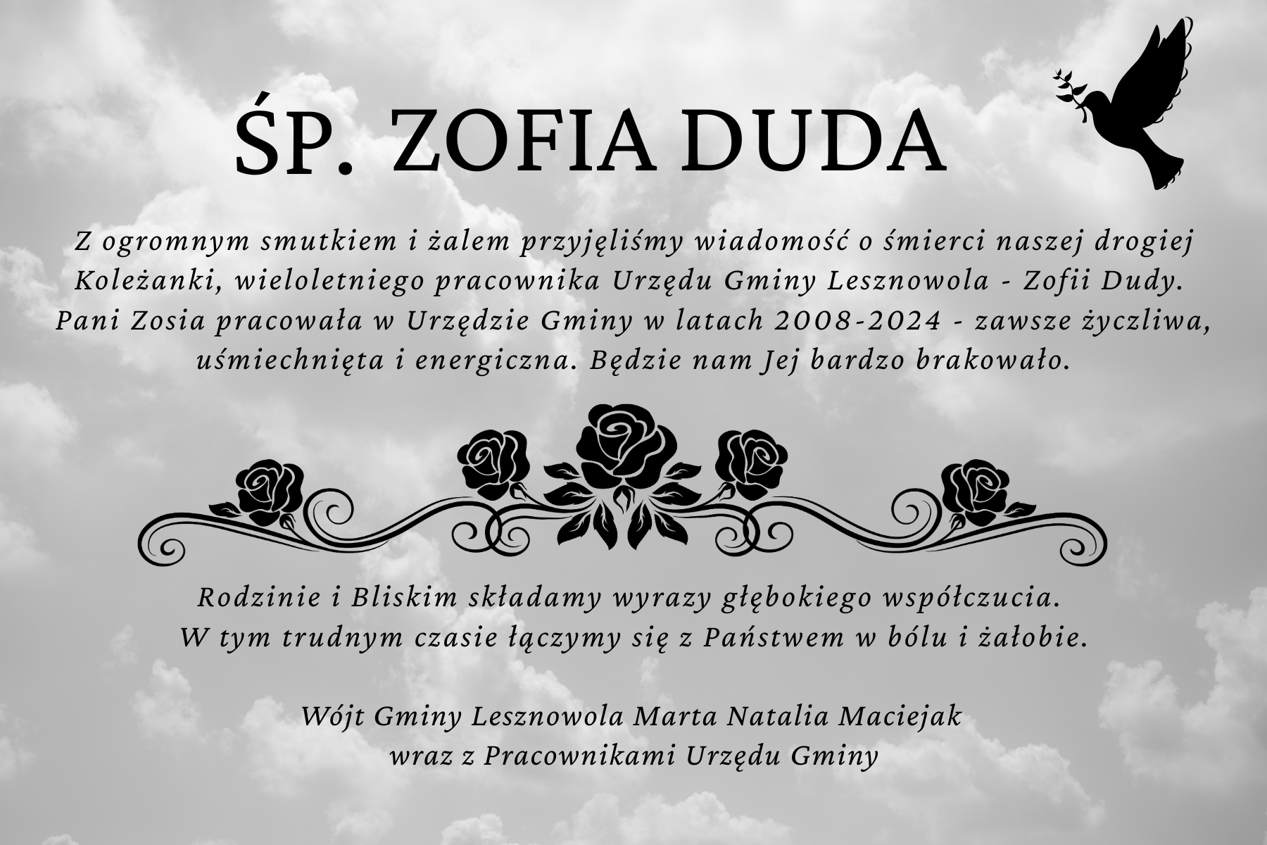 Na szarym tle z chmur czarna grafika i tekst kondolencji dla Śp. Zofii Dudy