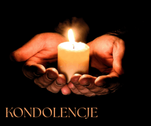 Na czarnym tle dłonie trzymające zapalaną świece, na dole napis kondolencje.