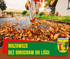 Liście i dmuchawa do liści. Na zielonym pasku napis: Mazowsze bez dmuchaw do lisci