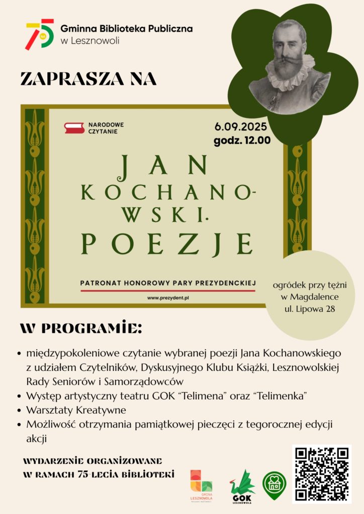 Na obrazku jest informacja o Narodowym czytaniu poezji Jana Kochanowskiego