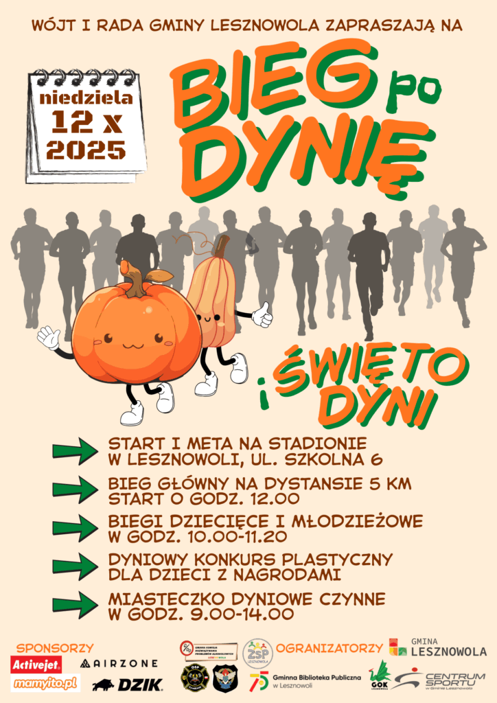 Plakat przedstawiający sylwetki biegaczy oraz dyni, w kolorystyce pomarańczowo-zielonej, promujący Bieg po Dynię i Święto Dyni. Termin wydarzeń: 12 października 202 5r.