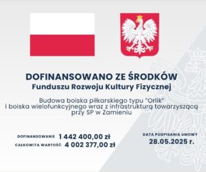 na obrazku widać biało -czerwoną flagę a obok białego orła na czerwonym tle a pod spodem informacja o dofinansowaniu boiska typu Orlik