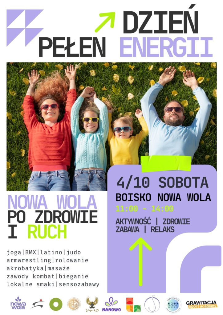plakat reklamujący Dzień Pełen Energii - imprezę rekreacyjno-sportową w Nowej Woli