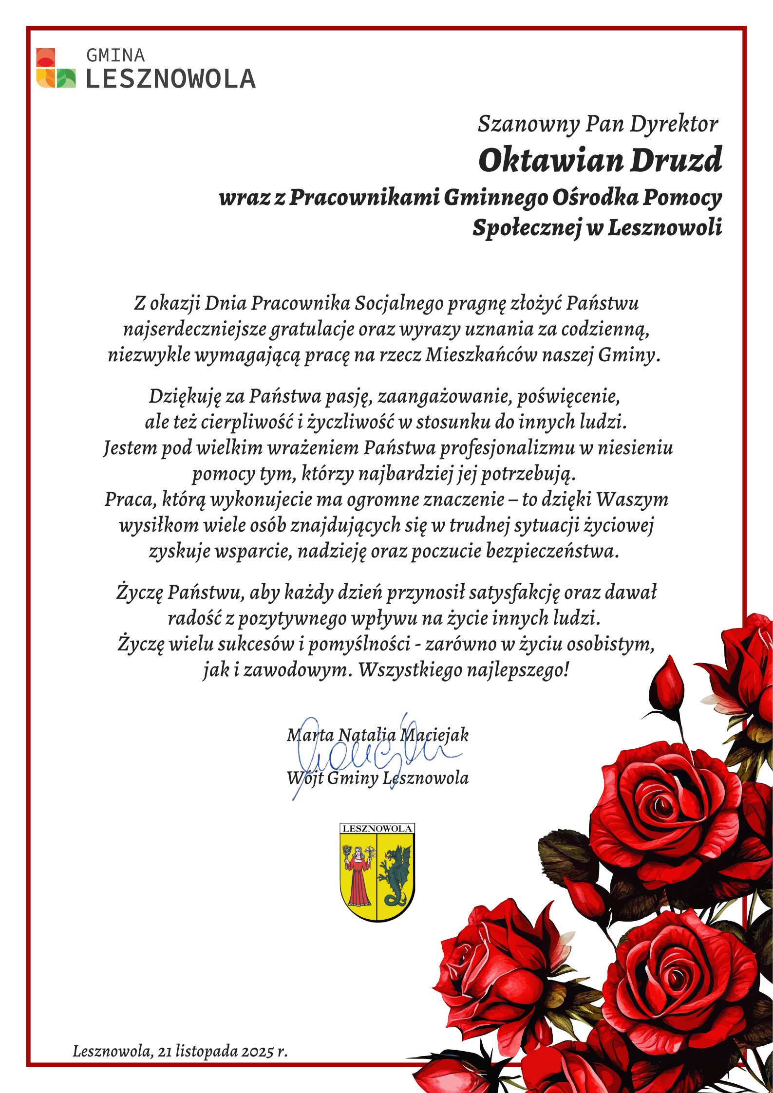 Życzenia dla pracowników socjalnych na ozdobnym papierze z różami