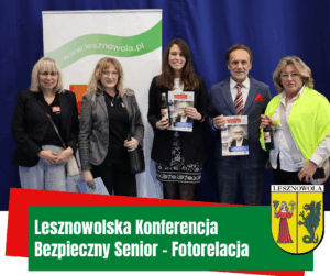 Na obrazu na granatowym tle oraz rollupem z napisem Lesznowola widać cztery postacie oraz Wójta Gminy Lesznowola Martę Natalię Maciejak