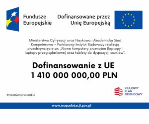 Na obrazku na białym tle jest informacja o dofinansowaniu przedsięwzięcia na nowe komputery oraz tablety dla szkół z terenu naszej gminy