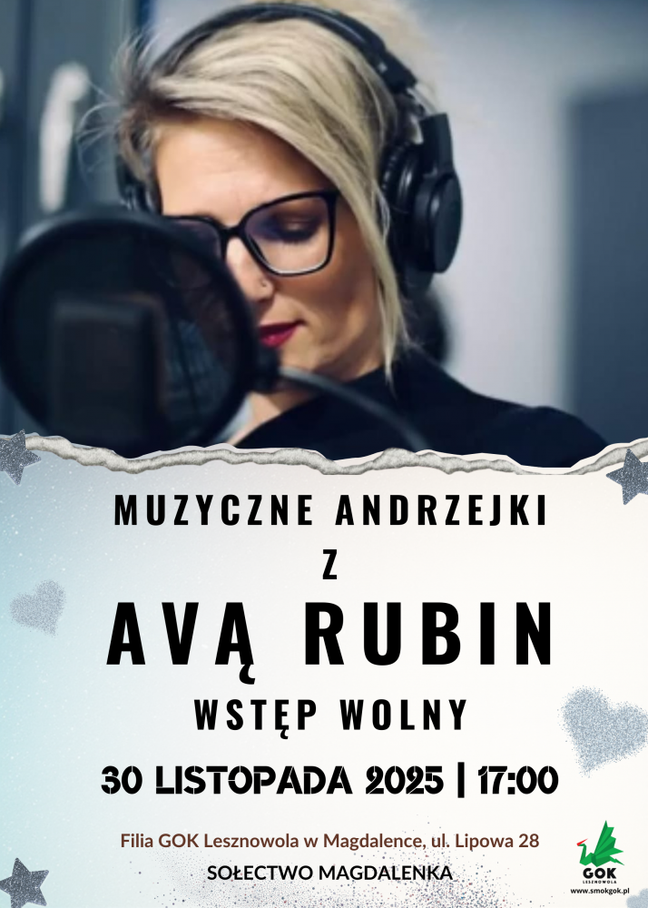 Plakat promujący muzyczne Andrzejki z Avą Rubin