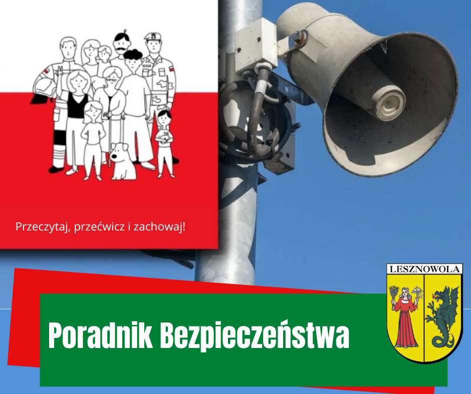 Na obrazku z lewej strony są szkice postaci a nad nimi napis poradnik bezpieczeństwa a po prawej duży głośnik zawieszony na słupie. Na zielonym pasku na dole napis: Poradnik bezpieczeństwa