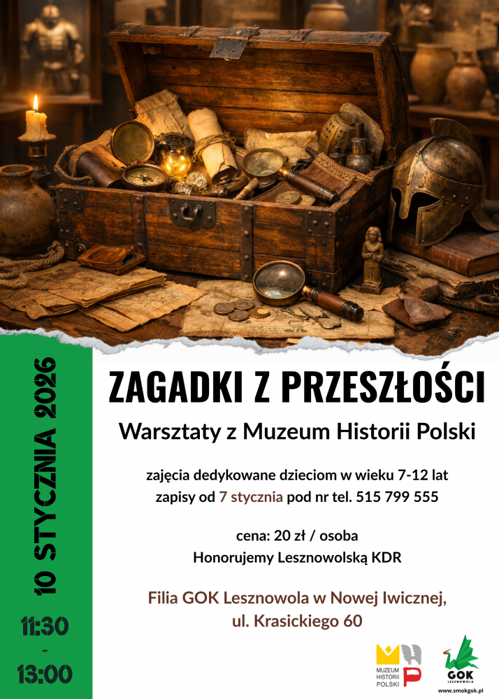 Plakat promujący warsztaty z Muzeum Historii Polski pn. Zagadki z Przeszłości