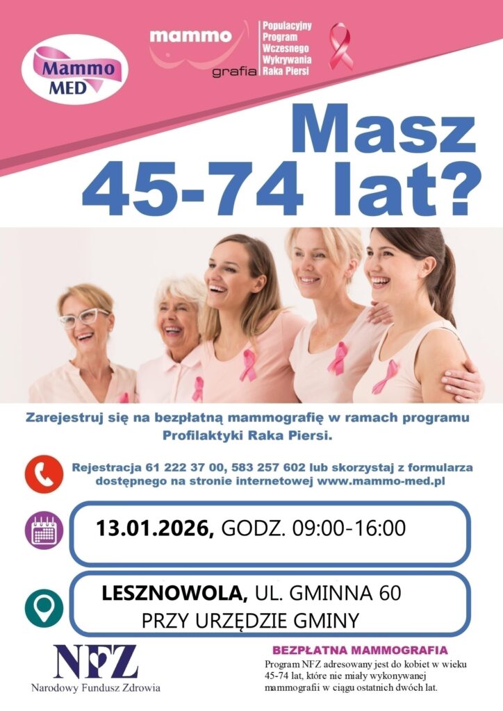 plakat zapowiadający bezpłatną mammografię w Lesznowoli