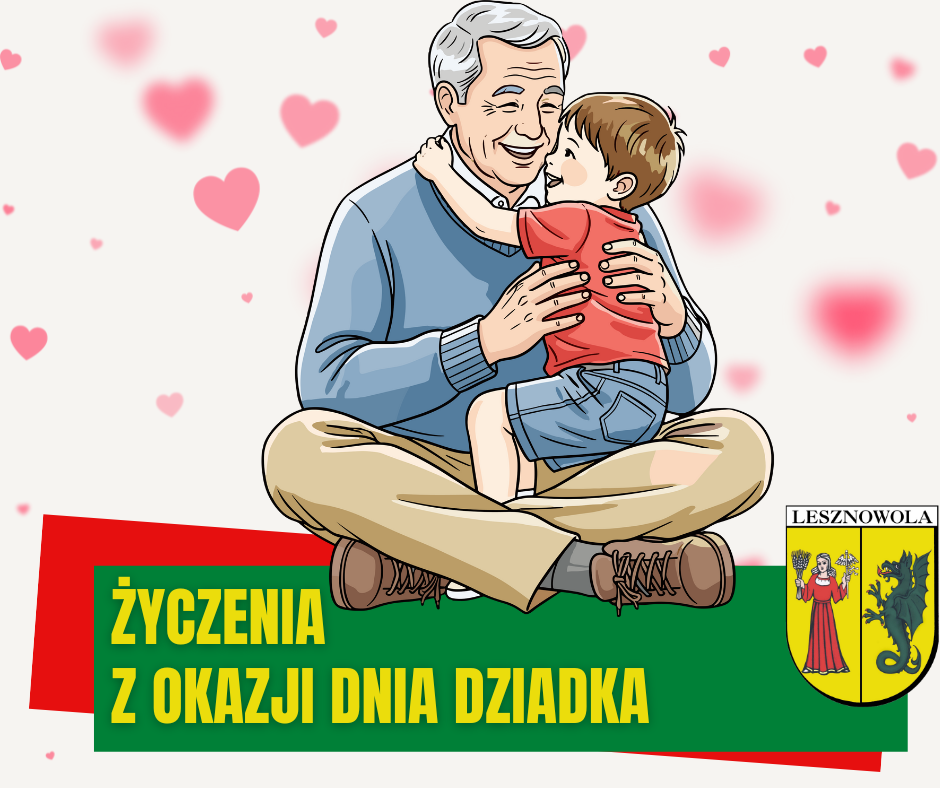 Starszy mężczyzna-dziadek przytulajacy chłopca. Na zielonym pasku napis ŻYCZENIA Z OKAZJI DNIA DZIADKA