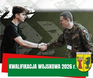 Na obrazku widać dwie postacie podające sobie rękę a pod spodem jest napis kwalifikacja wojskowa 2026 r.