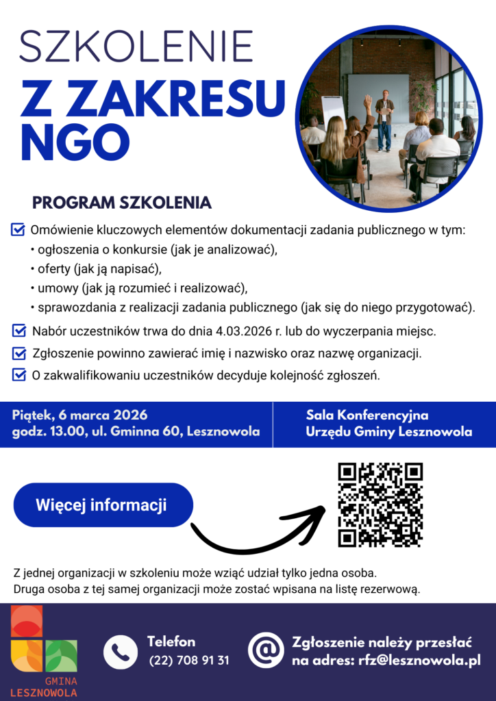 Plakat informujący o szkoleniu dla organizacji pozarządowych