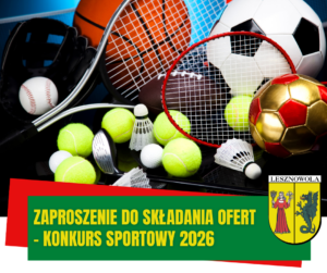 sprzęt sportowy. Na zielonym pasku napis: KONKURS SPORTOWY 2026