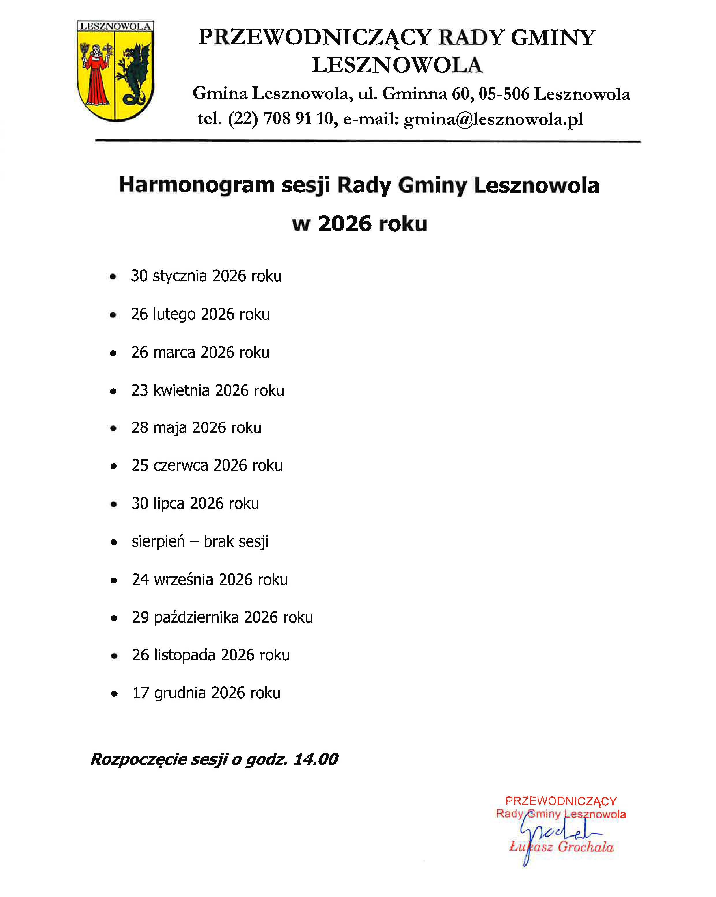 Harmonogram sesji Rady Gminy Lesznowola w 2026 roku