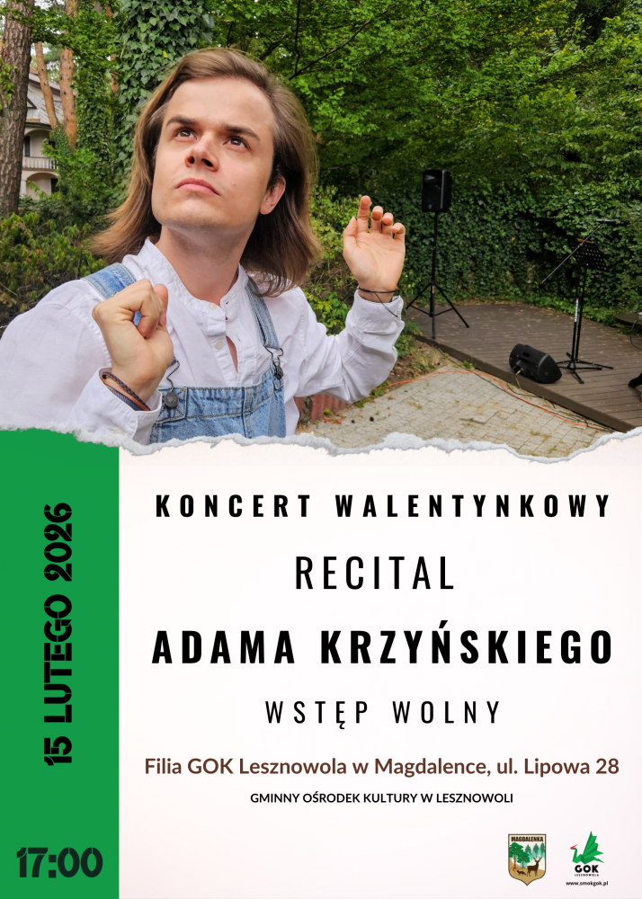 Plakat promujący koncert walentynkowy Adama Krzyńskiego