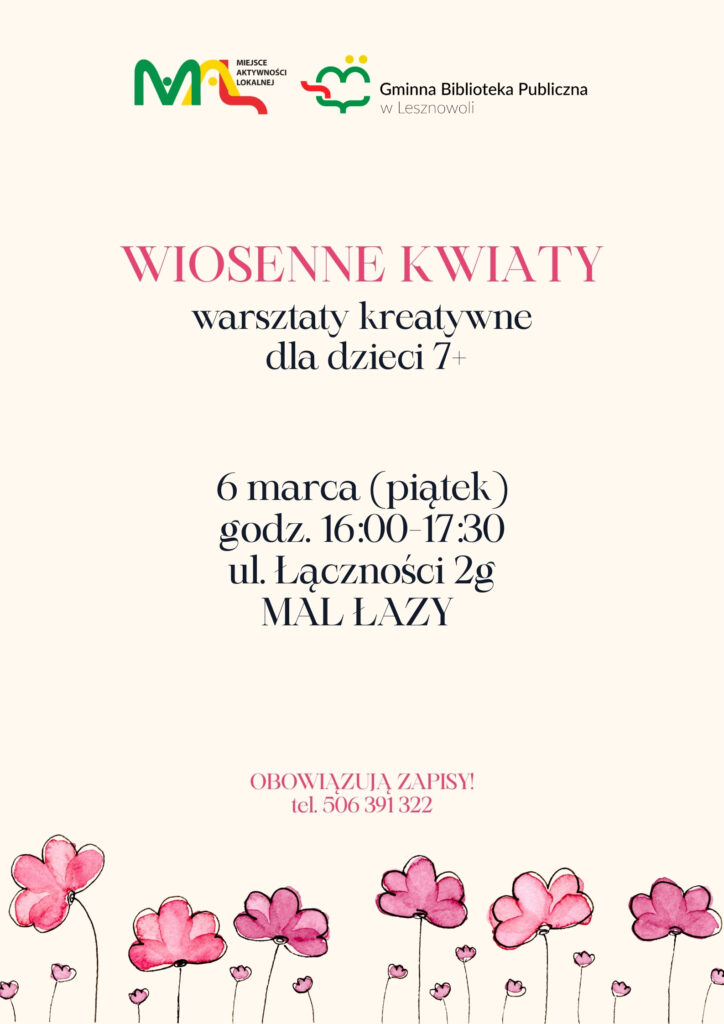 Plakat promujący kreatywne warsztaty dla dzieci - Wiosenne Kwiaty
