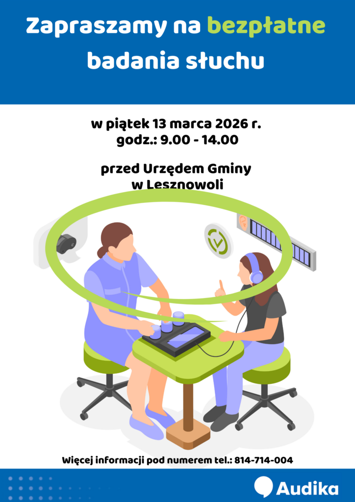 plakat reklamujący bezpłatne badania słuchu w Lesznowoli