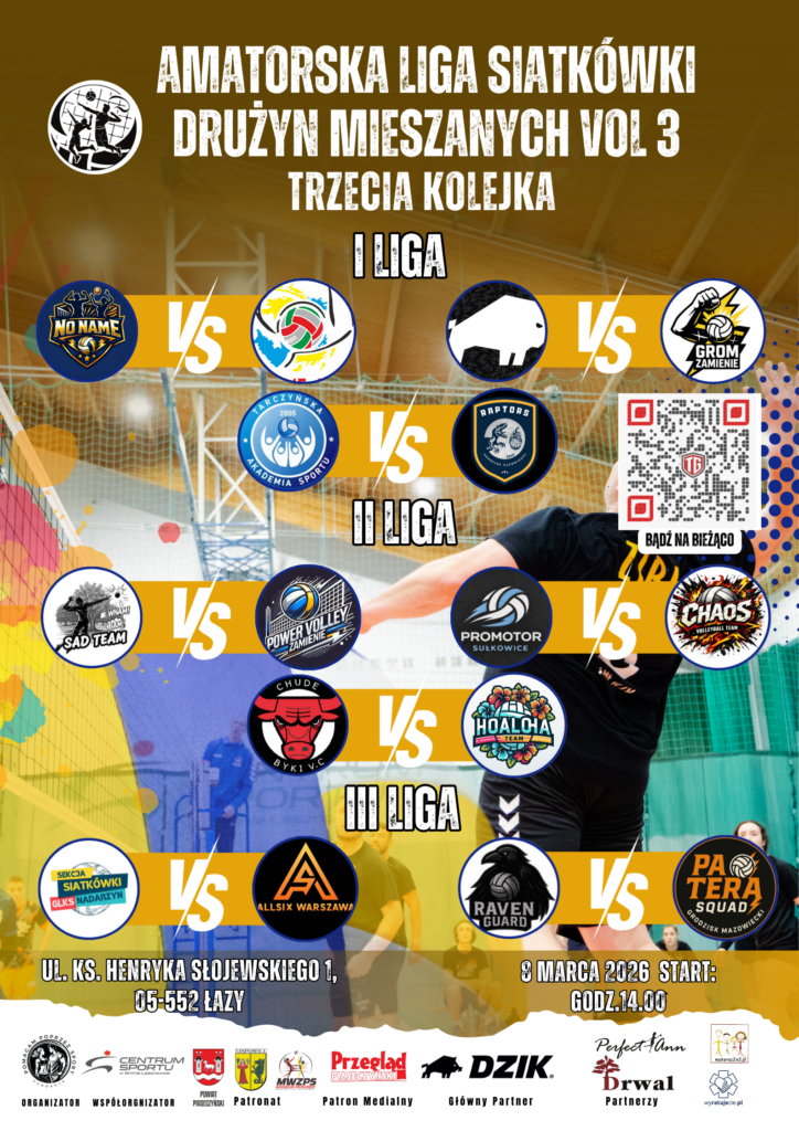 plakat reklamujący rozgrywki amatorskiej ligi siatkówki w Lesznowoli