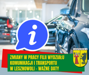 Samochody i grafika litery i w niebieskim kółku. Na dole na zielonym pasku napis: Zmiany w pracy filii Wydziału Komunikacji I TRANSPORTU W LESZNOWOLI – ważne daty