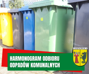 Kosze na śmieci. Na zielonym pasku napis: Harmonogram odbioru odpadów komunalnych