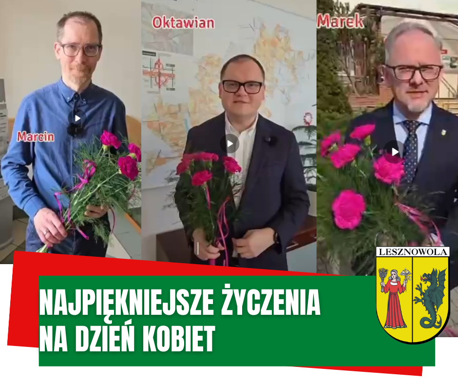 nA OBRAZKU WIDZIMY TRZECH MĘŻCZYZN Z KWIATAMI A POD SPODEM NAPIS NAJPIĘKNIEJSZE ŻYCZENIA NA DZIEŃ KOBIET