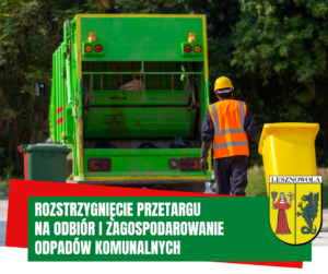 Na obrazku śmieciarka a pod spodem napis rozstrzygnięcie przetargu na odbiór i zagospodarowanie odpadów komunalnych