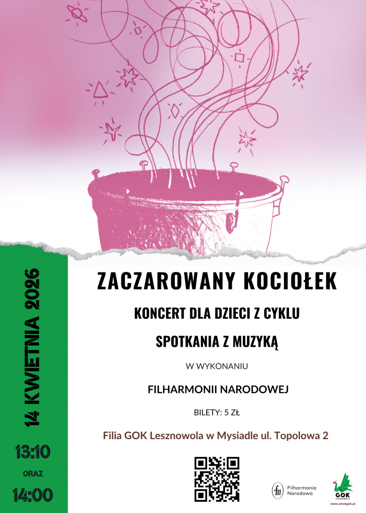 Plakat promujący koncert dla dzieci pn. Kociołek