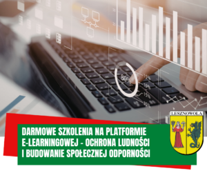 Na obrazku czarna klawiatura a pod spodem napis darmowe Szkolenia na platformie e-learningowej - ochrona ludności i budowanie społecznej odporności.