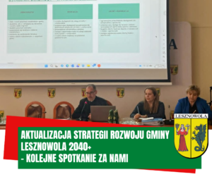 Na obrazku są trzy postacie a pod spodem napis: Aktualizacji Strategii Rozwoju Gminy Lesznowola 2040+ - kolejne spotkanie za nami