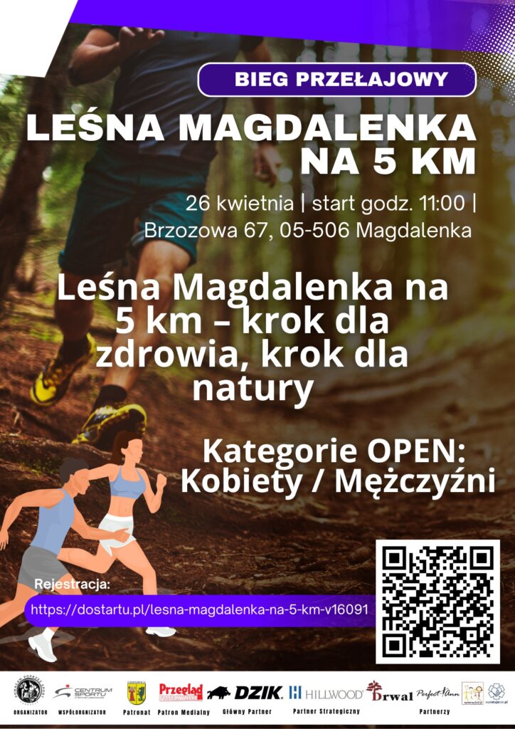 Plakat promujący bieg bieg przełajowy ,,Leśna Magdalenka na 5 km’’